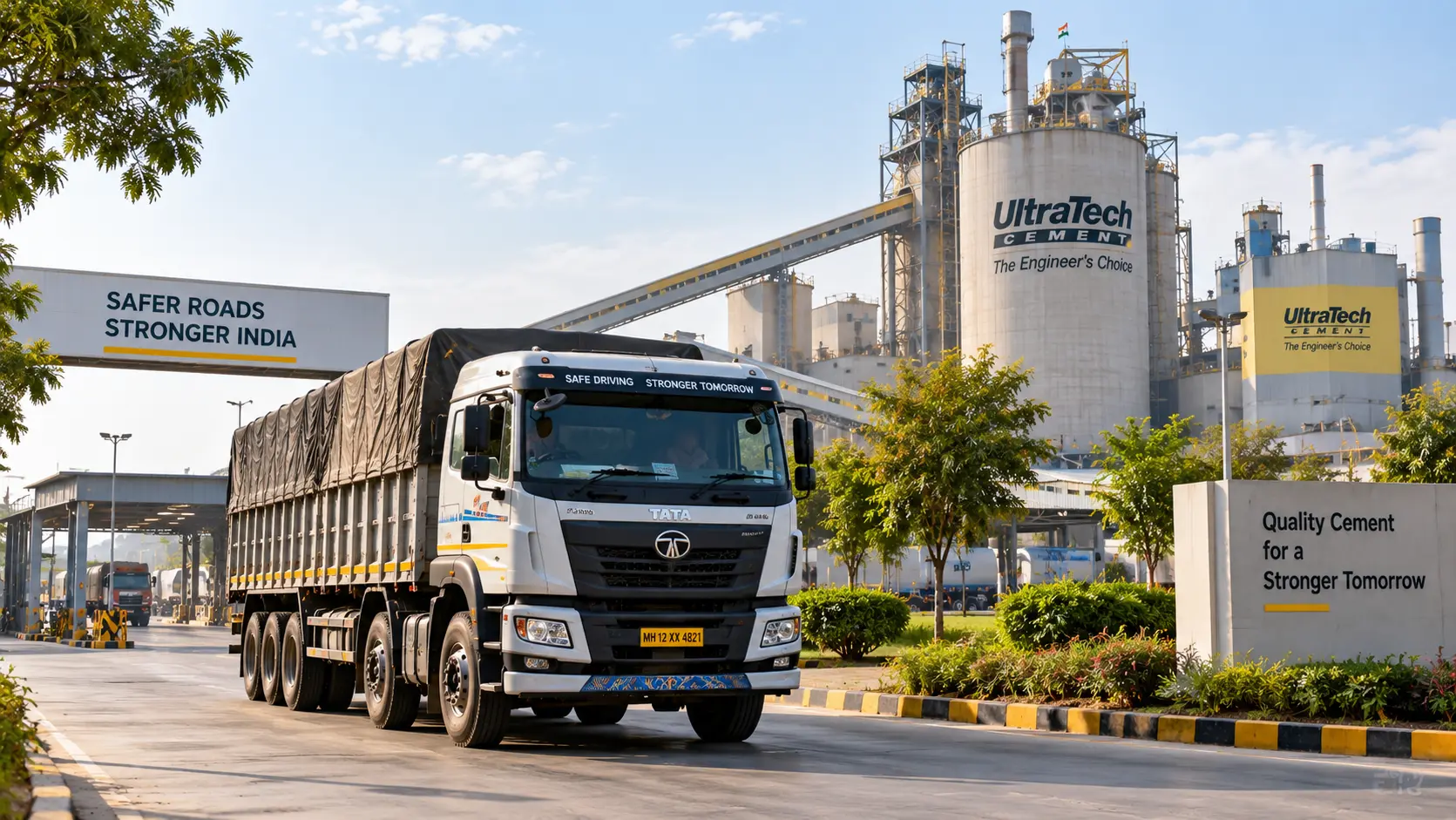 A bulk goods truck leaving a cement manufacturing plant