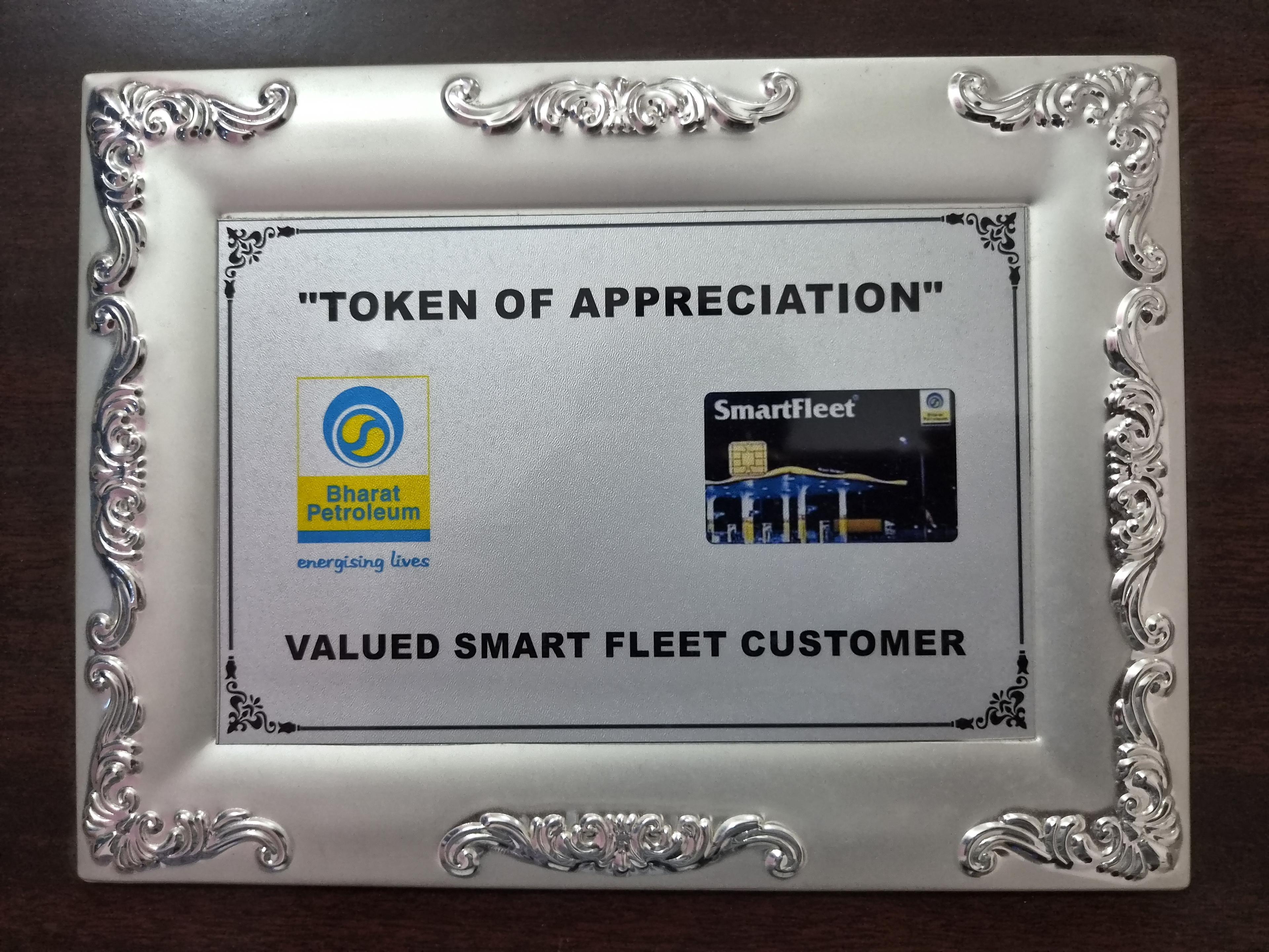 A framed Bharat Petroleum SmartFleet plaque reading Token of Appreciation, Valued Smart Fleet Customer
