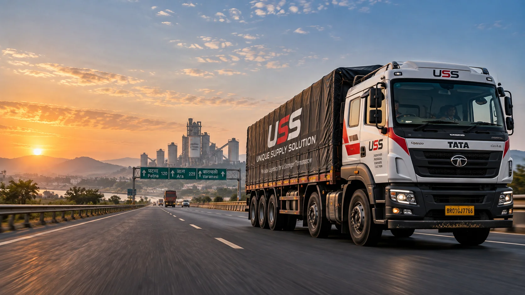 A USS-liveried articulated truck travelling a highway at sunrise, with an industrial plant in the distance