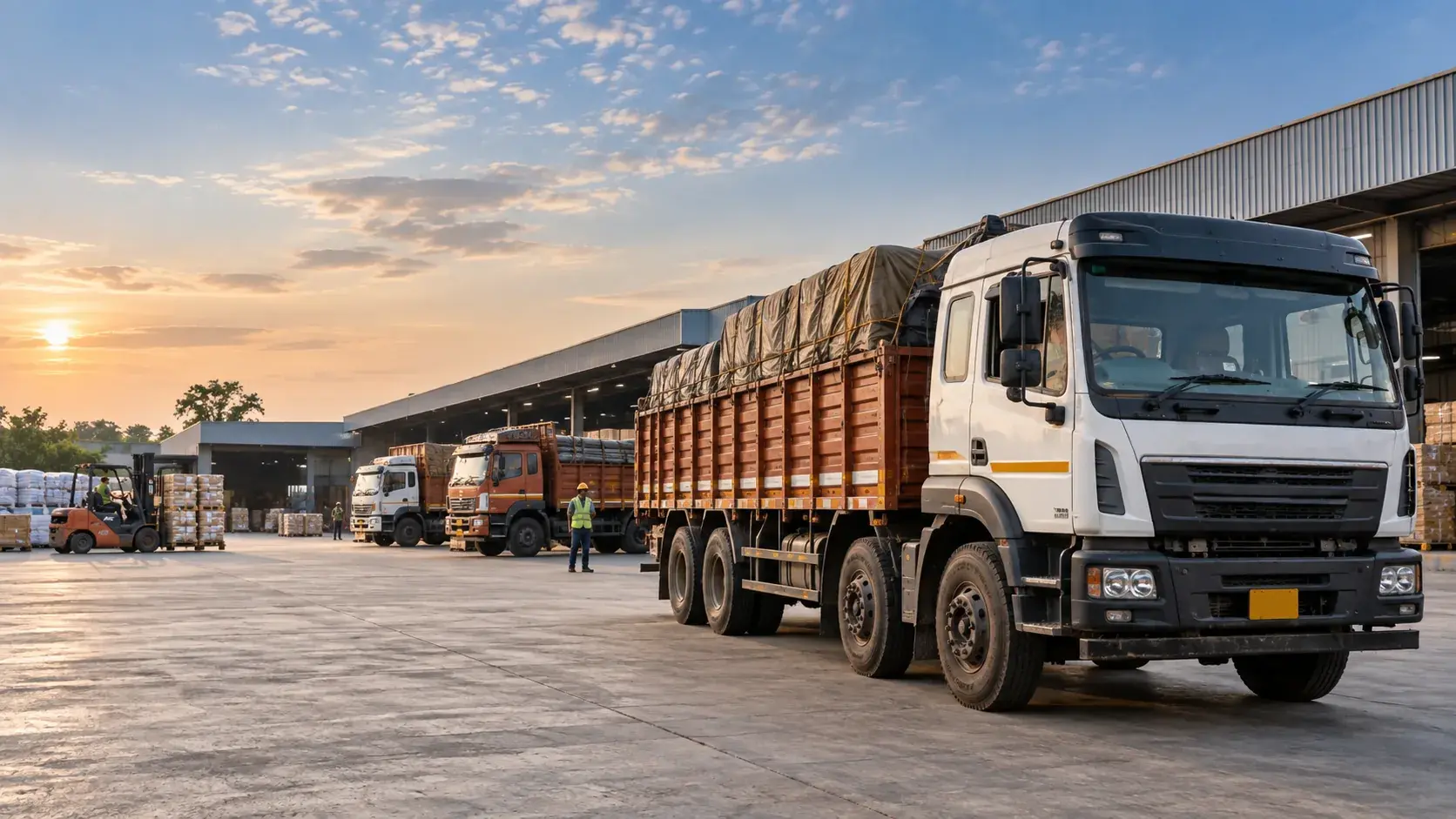 Open-body goods trucks parked at a loading yard at sunrise, with palletised stock and a forklift under a covered dock behind them