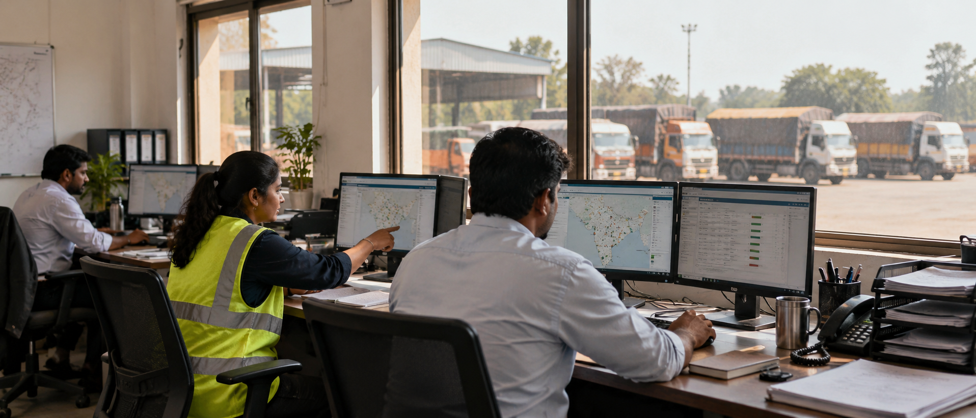 Three people working at a logistics dispatch desk, monitors showing route maps and schedules, with goods vehicles parked in the yard beyond the window