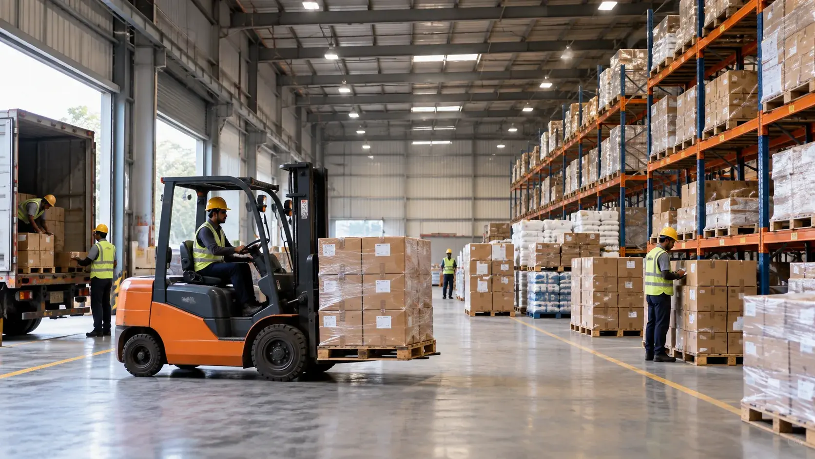 A forklift moving a pallet of cartons inside a warehouse, with racked stock on one side and a goods vehicle being loaded at the dock on the other