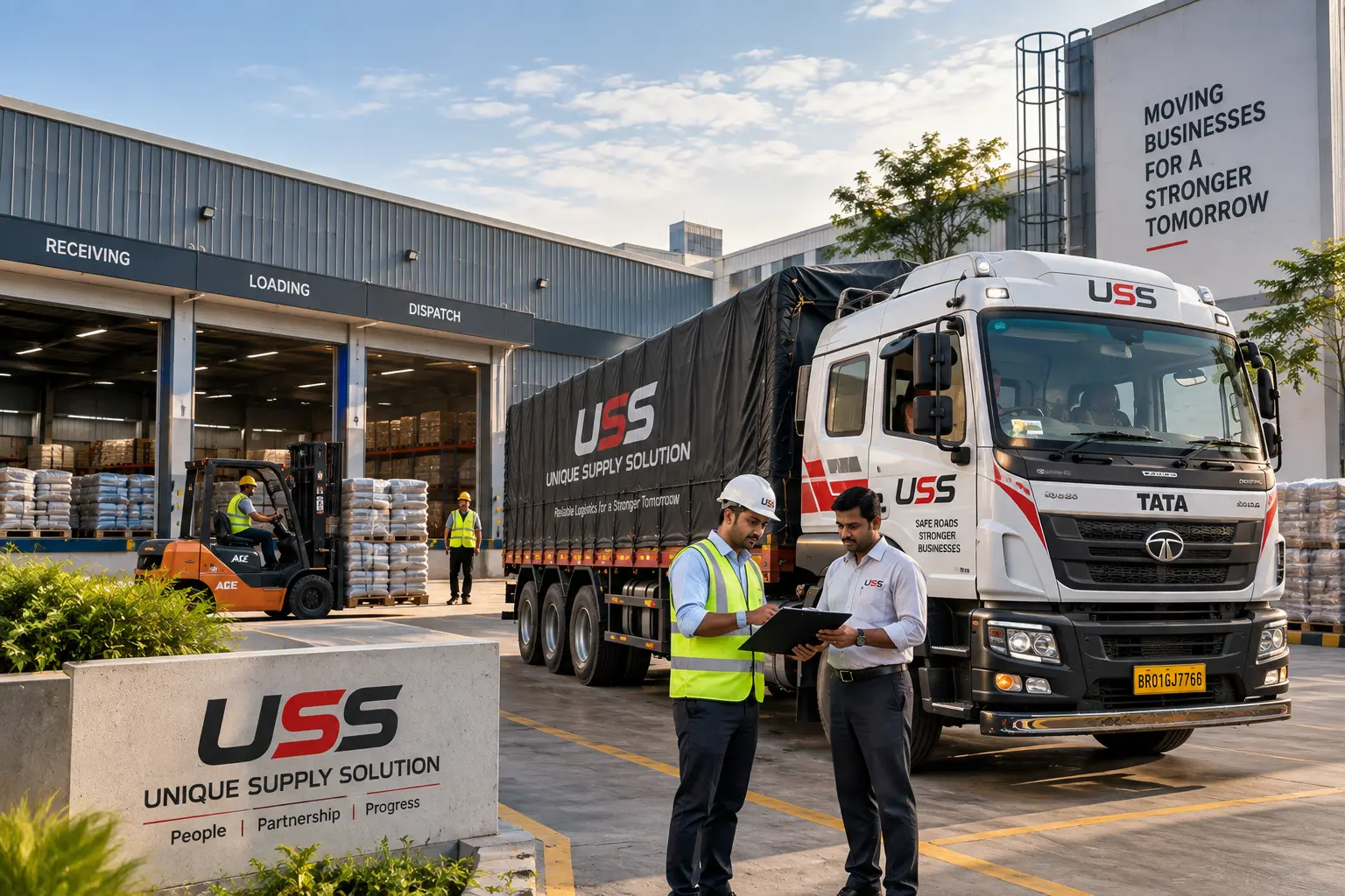 A USS-liveried truck at a loading and dispatch yard, with two people reviewing paperwork